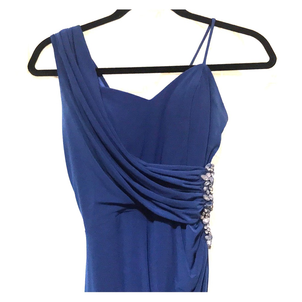 Muted royal blue evening gown, Stone embellishment